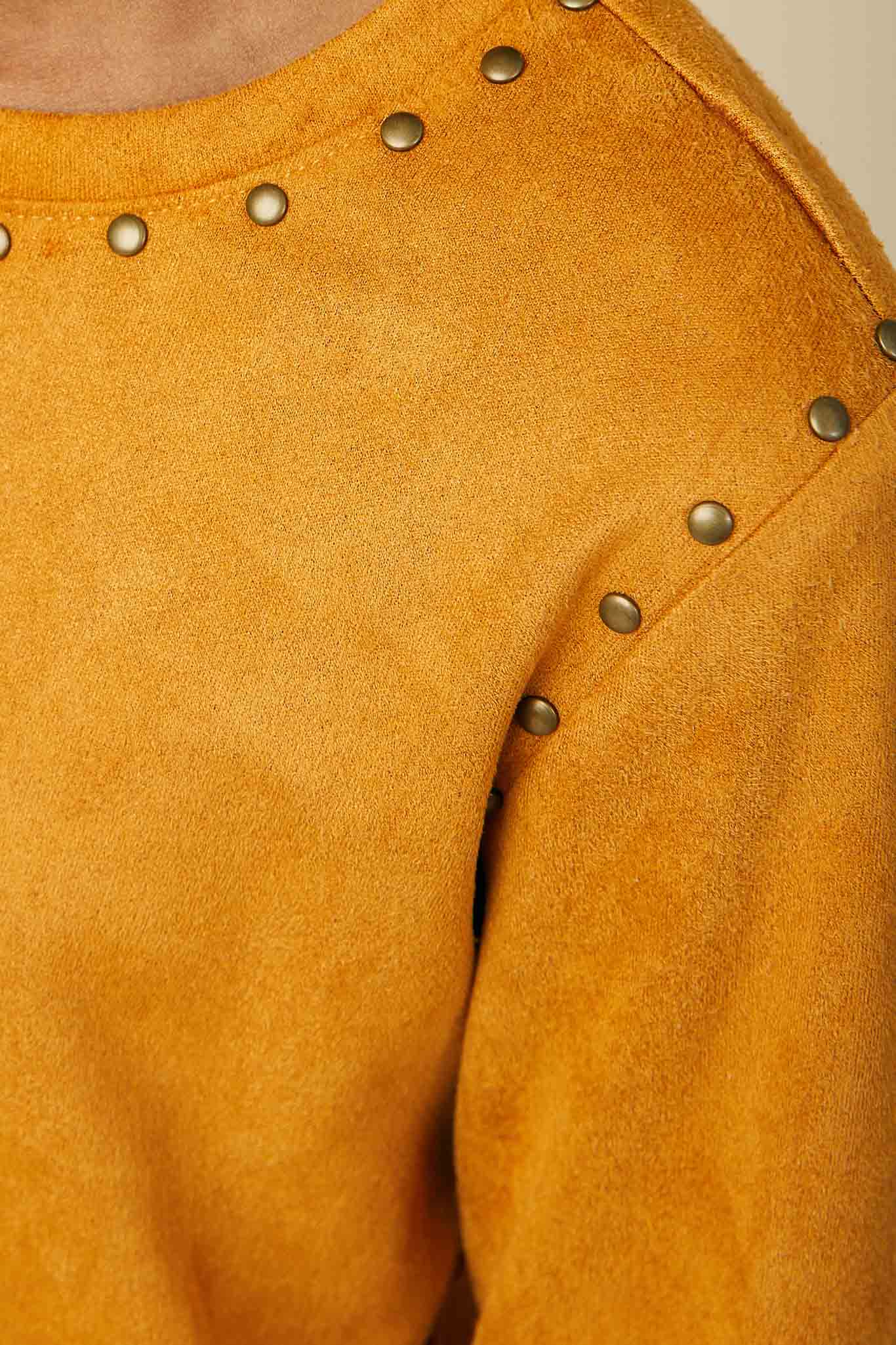 Studded Detailed Long Sleeve Suede T Shirt