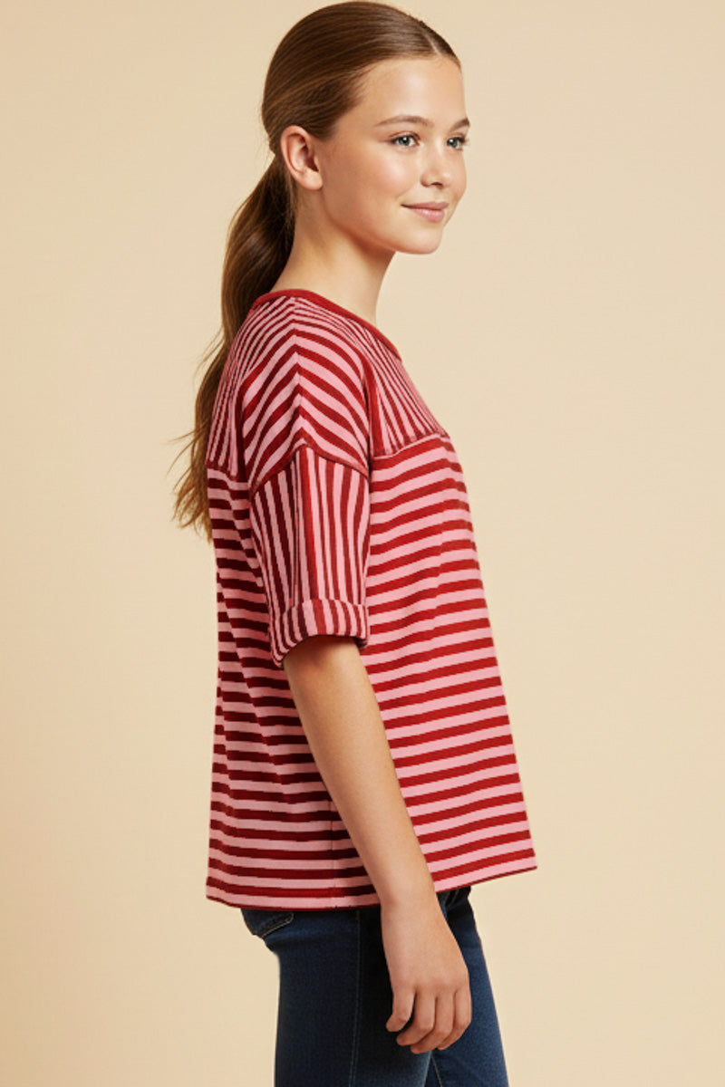 Mixed Stripe Drop Shoulder Knit T Shirt