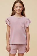 Textured Stripe Heart Pocket Ruffle Tank