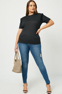 H11058W BLACK Plus Ruffle Collar Knit Top Full Body
