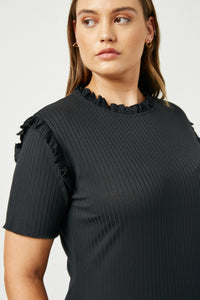 H11058W BLACK Plus Ruffle Collar Knit Top Detail