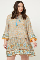 H4678W CREAM MIX Plus Printed Tassel Tie Tunic Dress Front
