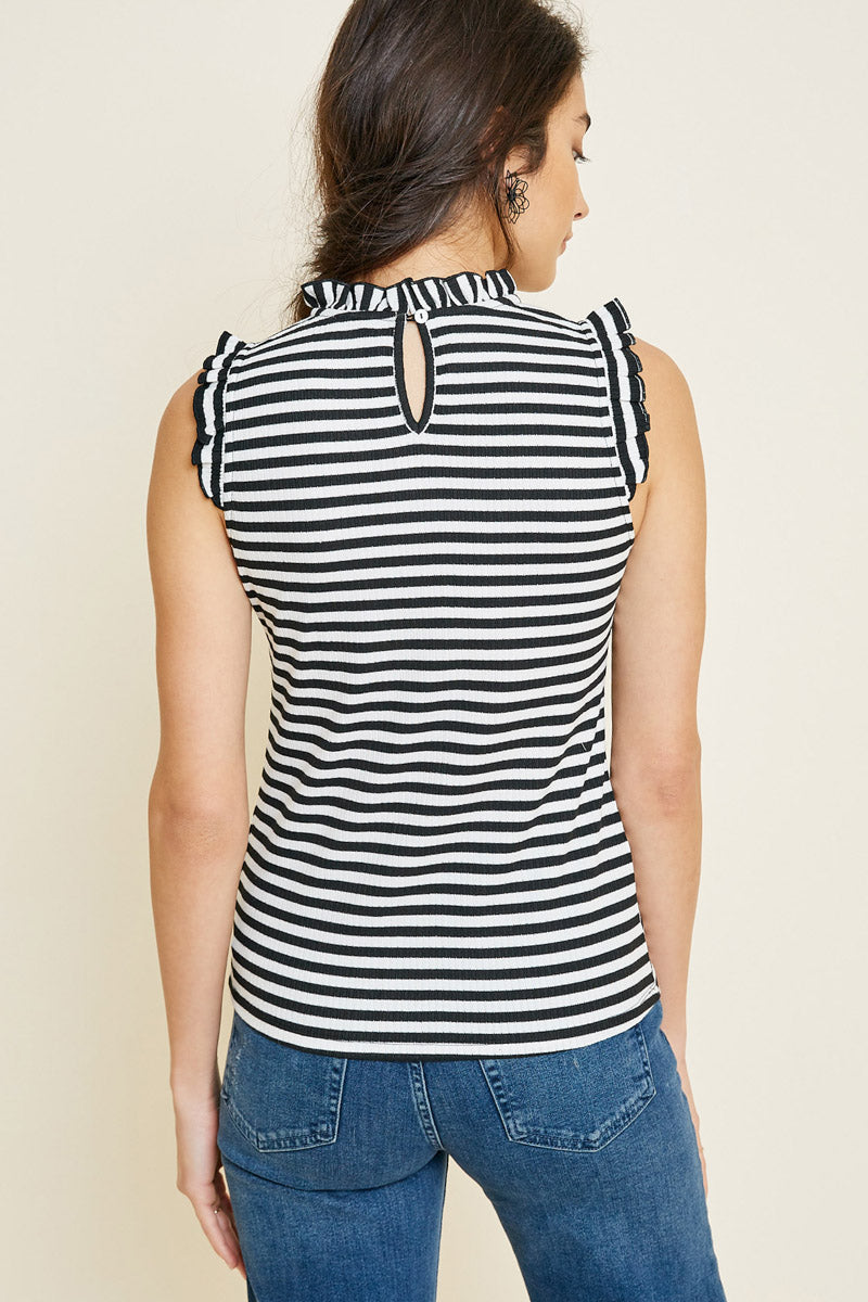 Womens Stripe Ruffle Mock Neck Top