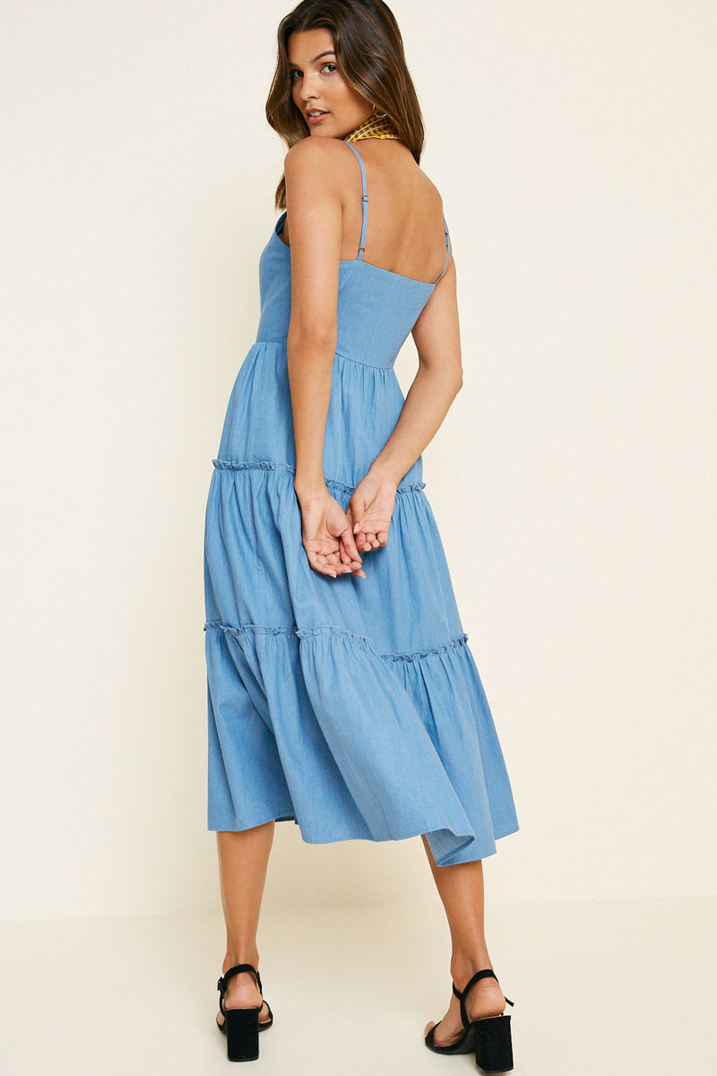 boho denim dress Denim Tier Button Down Midi Tank Dress