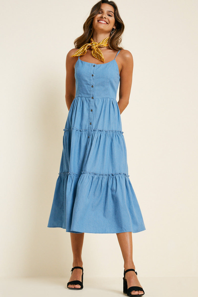 Denim Tier Button Down Midi Tank Dress | Boho Clothing Mid Denim / L Mid Denim Women's Dresses Denim Dresses Hayden Los Angeles Denim Tier Button Down Midi Tank Dress | Boho Clothing Mid Denim / L Mid Denim Women's Dresses Denim Dresses Hayden Los Angeles