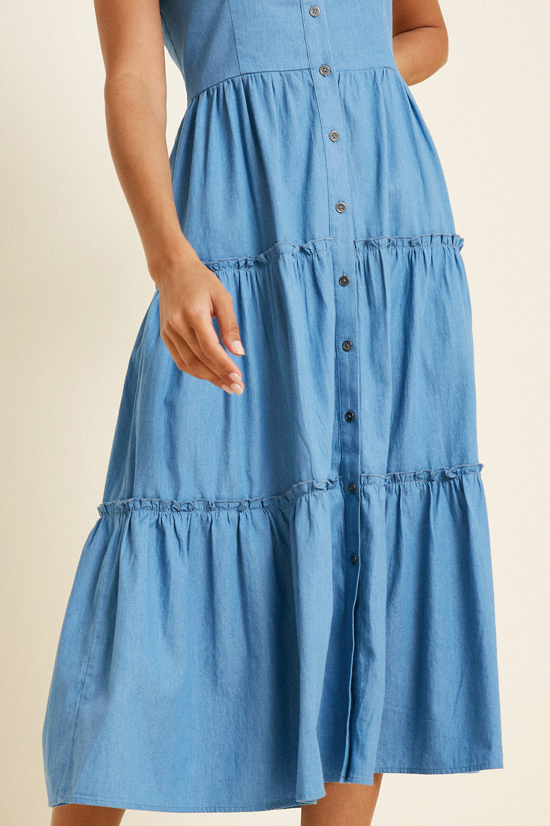 Denim Tier Button Down Midi Tank Dress | Boho Clothing Mid Denim / L Mid Denim Women's Dresses Denim Dresses Hayden Los Angeles Denim Tier Button Down Midi Tank Dress | Boho Clothing Mid Denim / L Mid Denim Women's Dresses Denim Dresses Hayden Los Angeles