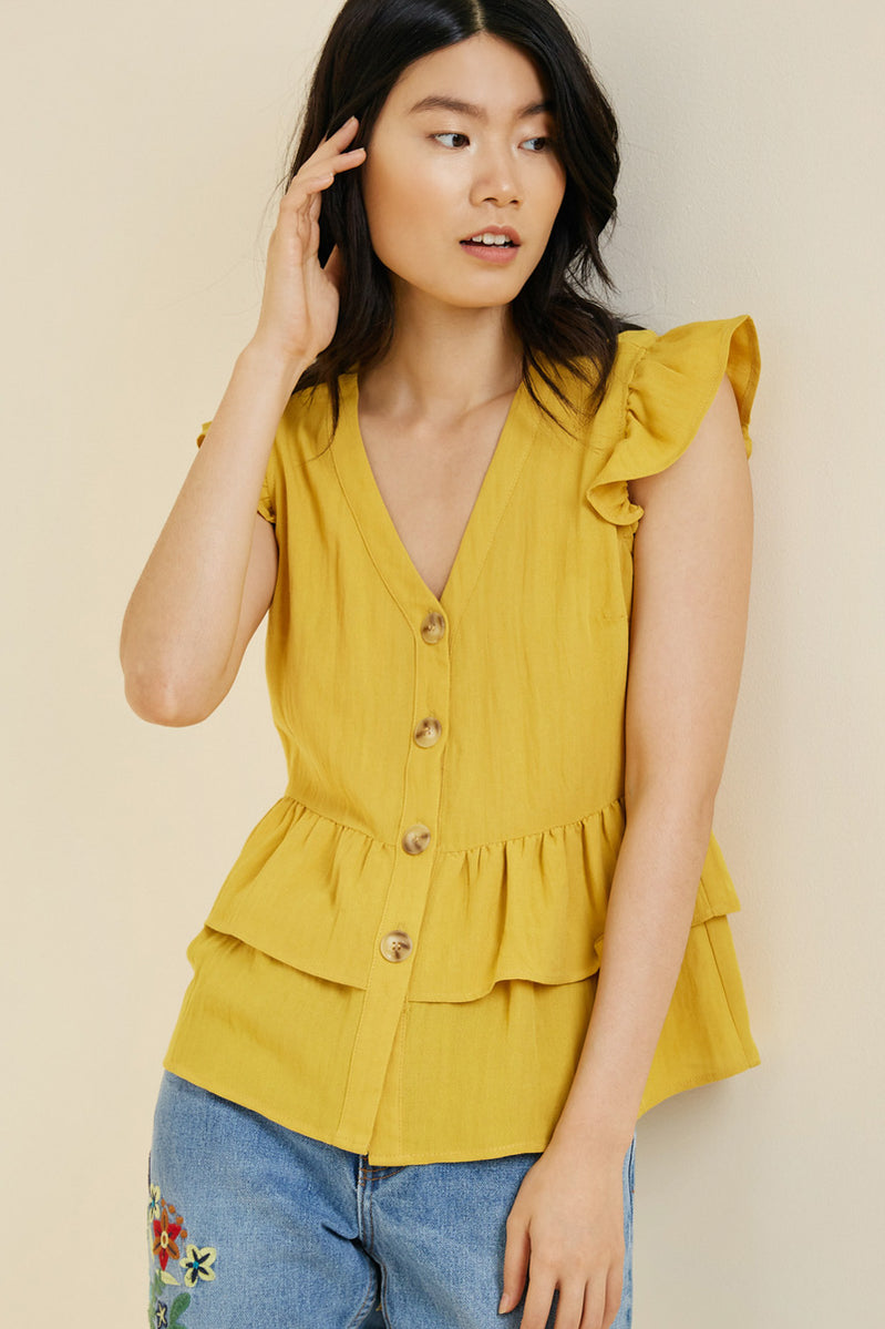 Women's Button-Down Tiered Ruffle Hem Top