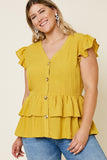 H7496W HONEY Plus Button-Down Tiered Ruffle Hem Top Front