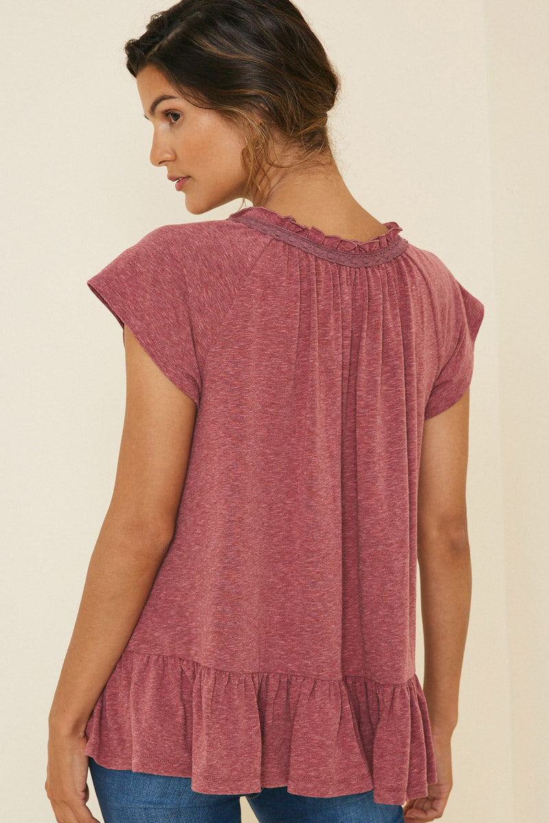 Women's Heathered Button-Down Ruffle Top