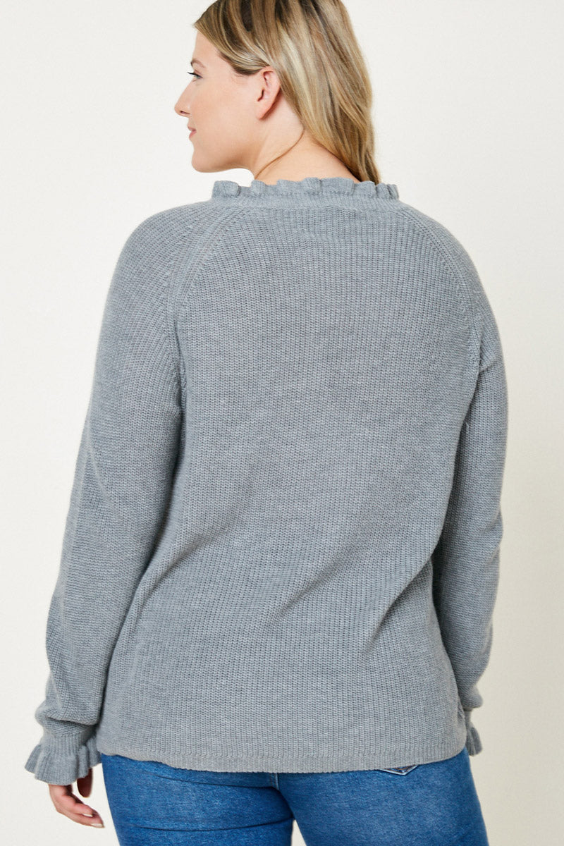 H7992W HEATHER GREY Plus High Neck Ruffle Sweater Top Back