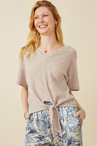 HDK1907 Brown Womens Textured Ribbed Tie Front V Neck Top Front