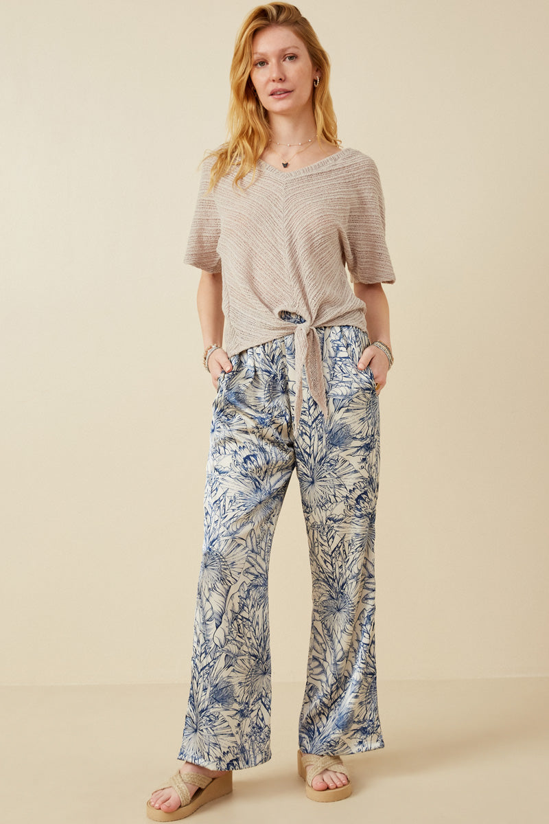 Womens Textured Ribbed Tie Front V Neck Top