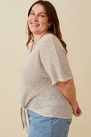 HDK1907W Brown Plus Textured Ribbed Tie Front V Neck Top Side