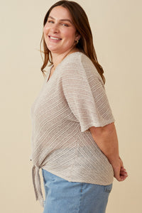 HDK1907W Brown Plus Textured Ribbed Tie Front V Neck Top Side