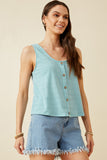 HDK1909 Blue Womens Patterned Button Detail Knit Tank Front 2