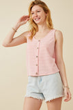 HDK1909 Pink Womens Patterned Button Detail Knit Tank Front