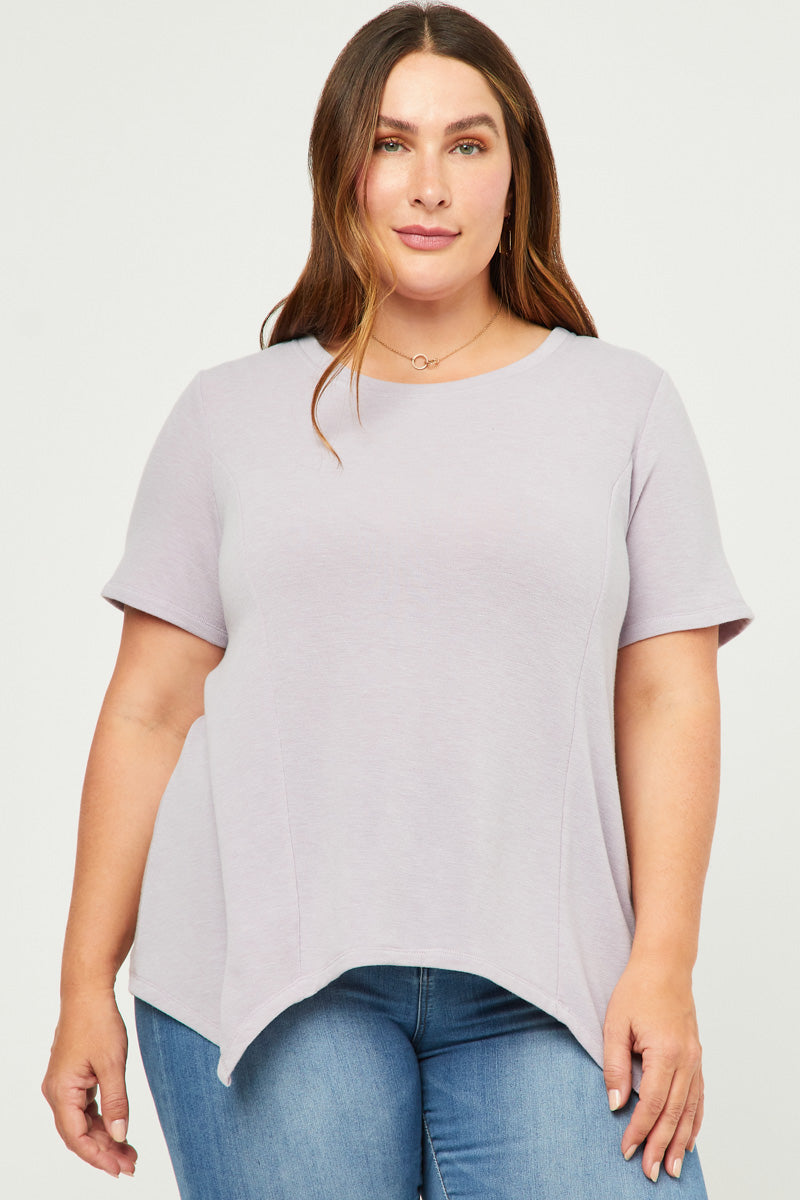 HDN4561W Lavender Plus Short Sleeve Handkerchief Hem French Terry Top Front