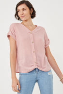HDN4632 PINK Womens Textured Knit Buttoned Twist Front Top Front