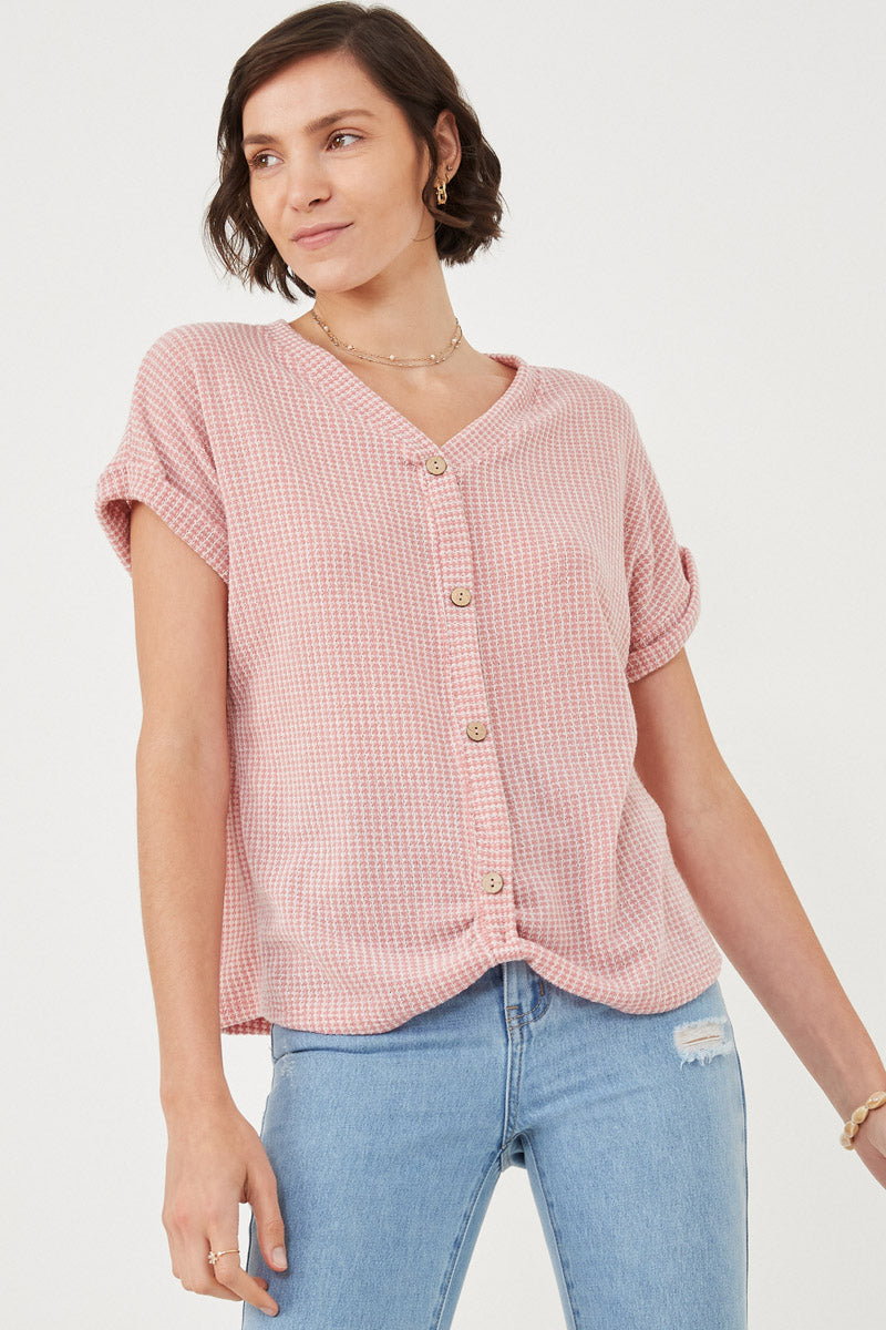 Womens Textured Knit Buttoned Twist Front Top