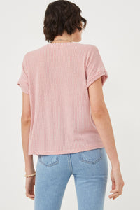 HDN4632 PINK Womens Textured Knit Buttoned Twist Front Top Back