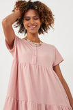 HDN4698 PINK Womens Waffle Knit Button Detail Dress Front 2
