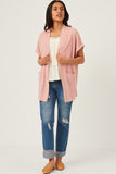 HDN4699 PINK Womens Waffle Knit Short Sleeve Open Cardigan Full Body