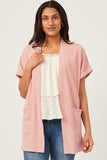 HDN4699 PINK Womens Waffle Knit Short Sleeve Open Cardigan Front