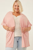 HDN4699W PINK Plus Waffle Knit Short Sleeve Open Cardigan Front