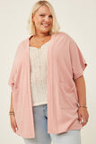 HDN4699W PINK Plus Waffle Knit Short Sleeve Open Cardigan Front 2
