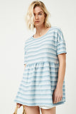 HDY2550 Blue Womens Three Tone Texture Stripe Knit Peplum Front
