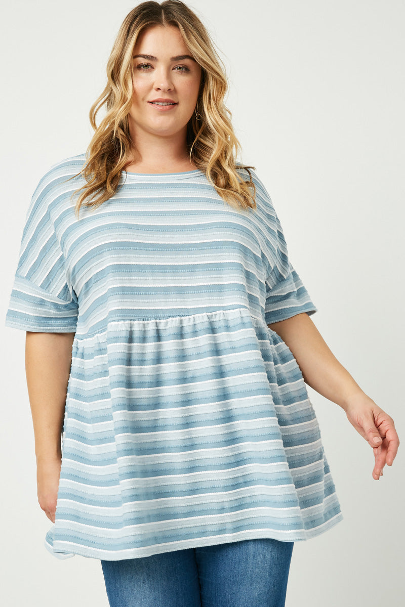 HDY2550W BLUE Plus Three Tone Texture Stripe Knit Peplum Front