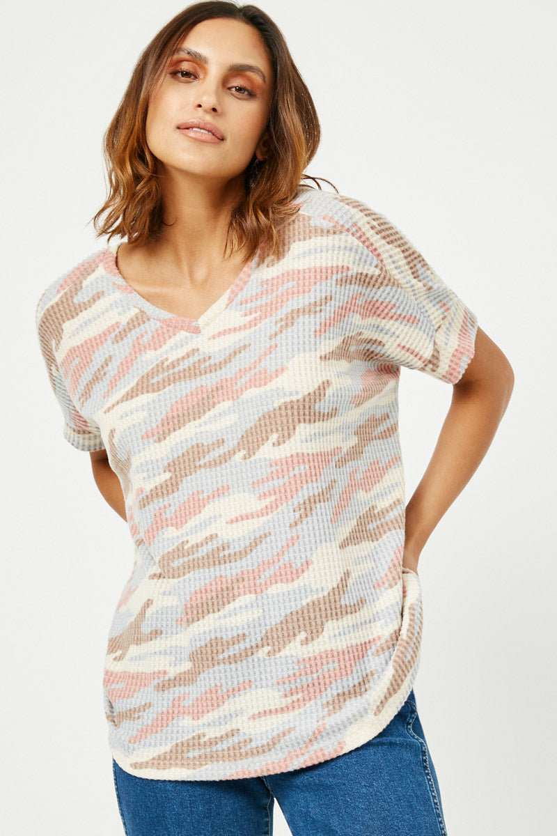 Womens Knit Camo Print Top