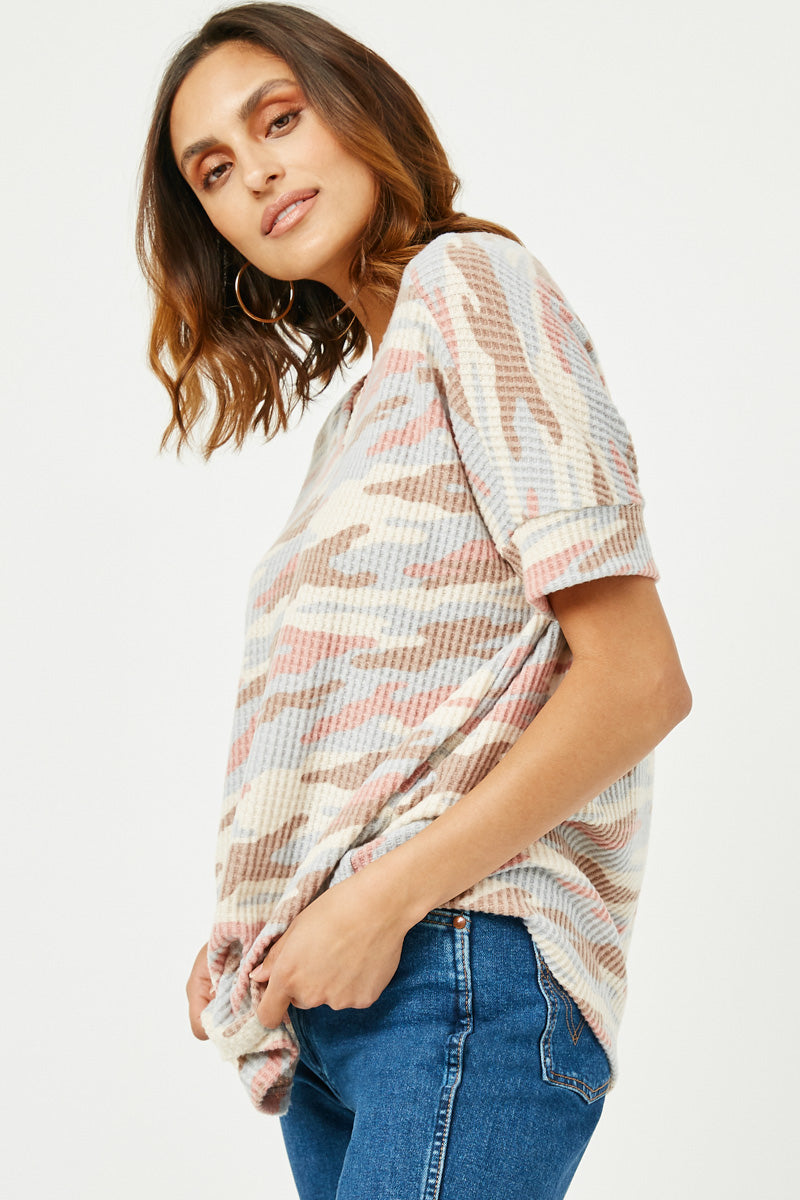 Womens Knit Camo Print Top