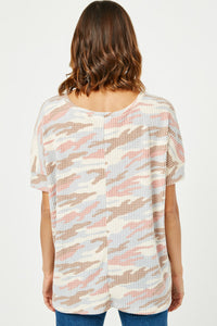 HDY2771 Womens V Neck Waffle Knit Camo Top Back