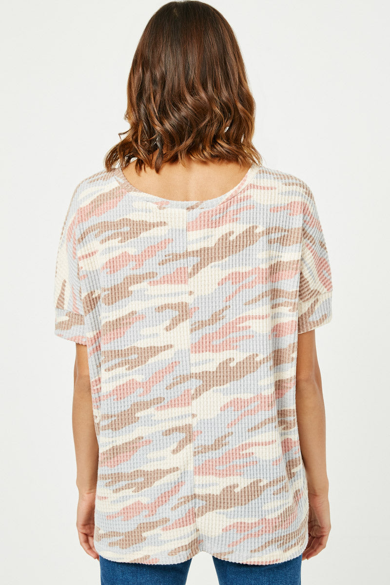 HDY2771 Womens V Neck Waffle Knit Camo Top Back