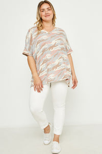 HDY2771W Blue Womens V Neck Waffle Knit Camo Top Full Body