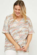 HDY2771W Blue Womens V Neck Waffle Knit Camo Top Front