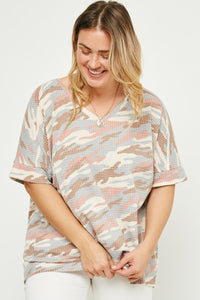 HDY2771W Blue Womens V Neck Waffle Knit Camo Top Front