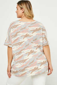 HDY2771W Blue Womens V Neck Waffle Knit Camo Top Back