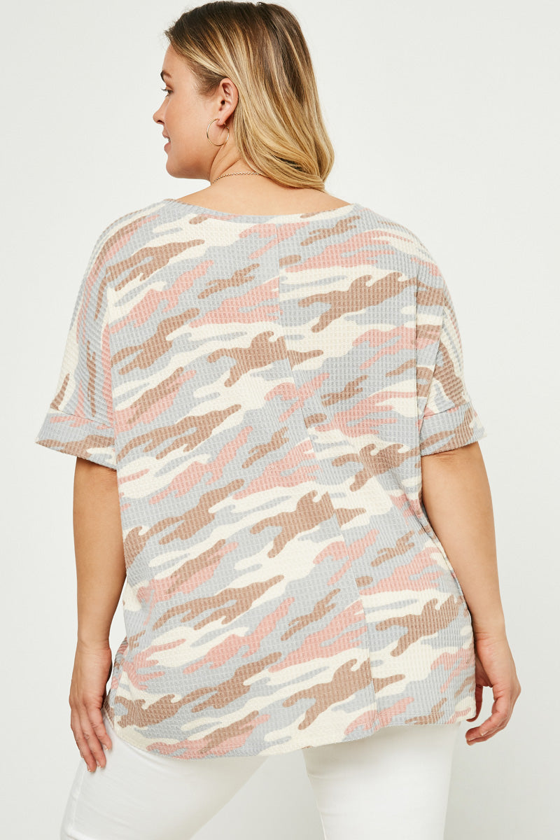 HDY2771W Blue Womens V Neck Waffle Knit Camo Top Back