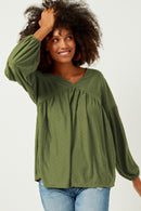 HDY5064 Olive Womens Puff Sleeve V Neck Knit Swiss Dot Top Front