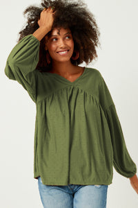 HDY5064 Olive Womens Puff Sleeve V Neck Knit Swiss Dot Top Front
