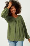 HDY5064 Olive Womens Puff Sleeve V Neck Knit Swiss Dot Top Front