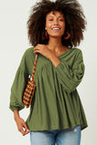 HDY5064 Olive Womens Puff Sleeve V Neck Knit Swiss Dot Top Pose