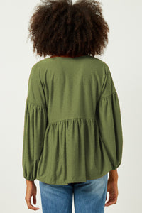 HDY5064 Olive Womens Puff Sleeve V Neck Knit Swiss Dot Top Back