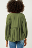 HDY5064 Olive Womens Puff Sleeve V Neck Knit Swiss Dot Top Back