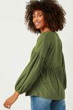 HDY5064 Olive Womens Puff Sleeve V Neck Knit Swiss Dot Top Side Back