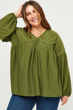 HDY5064 Olive Plus Puff Sleeve V Neck Knit Swiss Dot Top Front