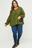 HDY5064 Olive Plus Puff Sleeve V Neck Knit Swiss Dot Top Pose