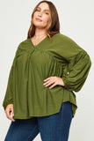 HDY5064 Olive Plus Puff Sleeve V Neck Knit Swiss Dot Top Side